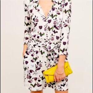 ANTHROPOLOGIE ELEVENSES FLORET ROMPER WHITE PURPLE 3/4 SLEEVE SIZE S